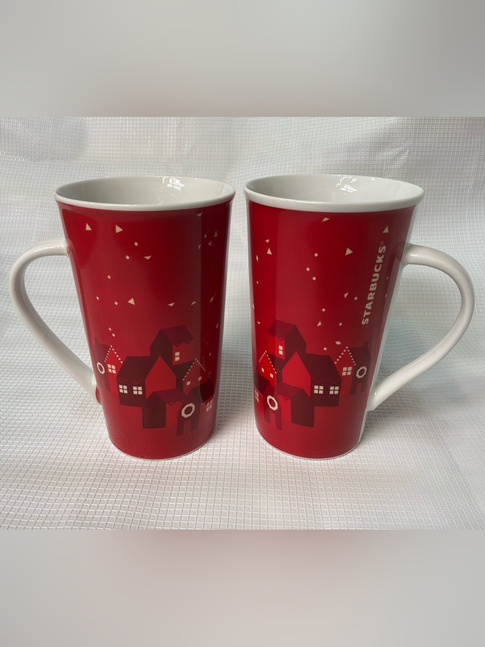 Set of 2 Starbucks Ceramic Red Holiday Village Mugs 2013